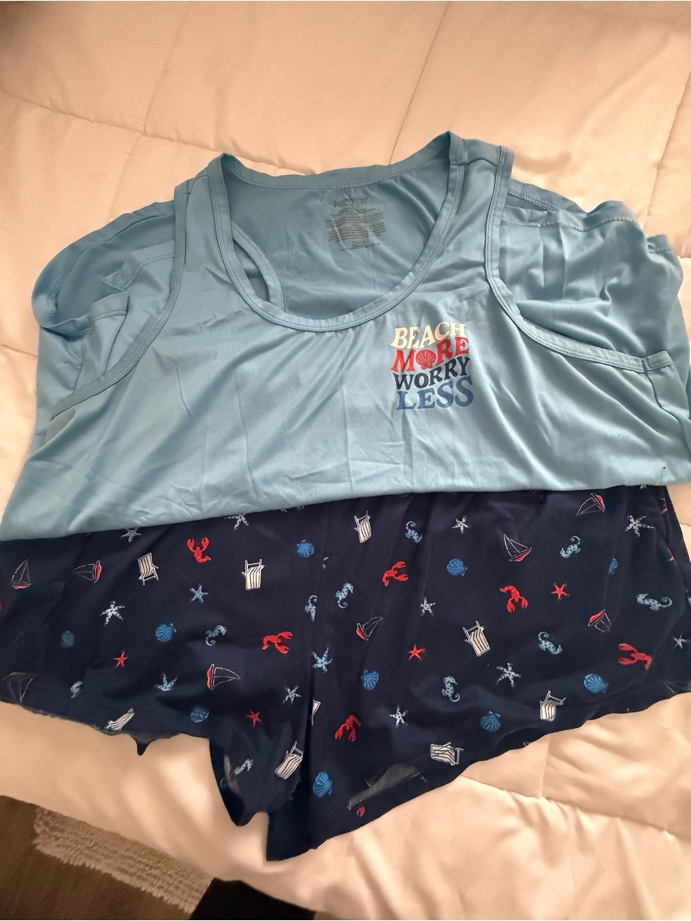 Light Blue Tank & Navy Nautical Shorts Sleep Set - BEACH MORE WORRY LESS